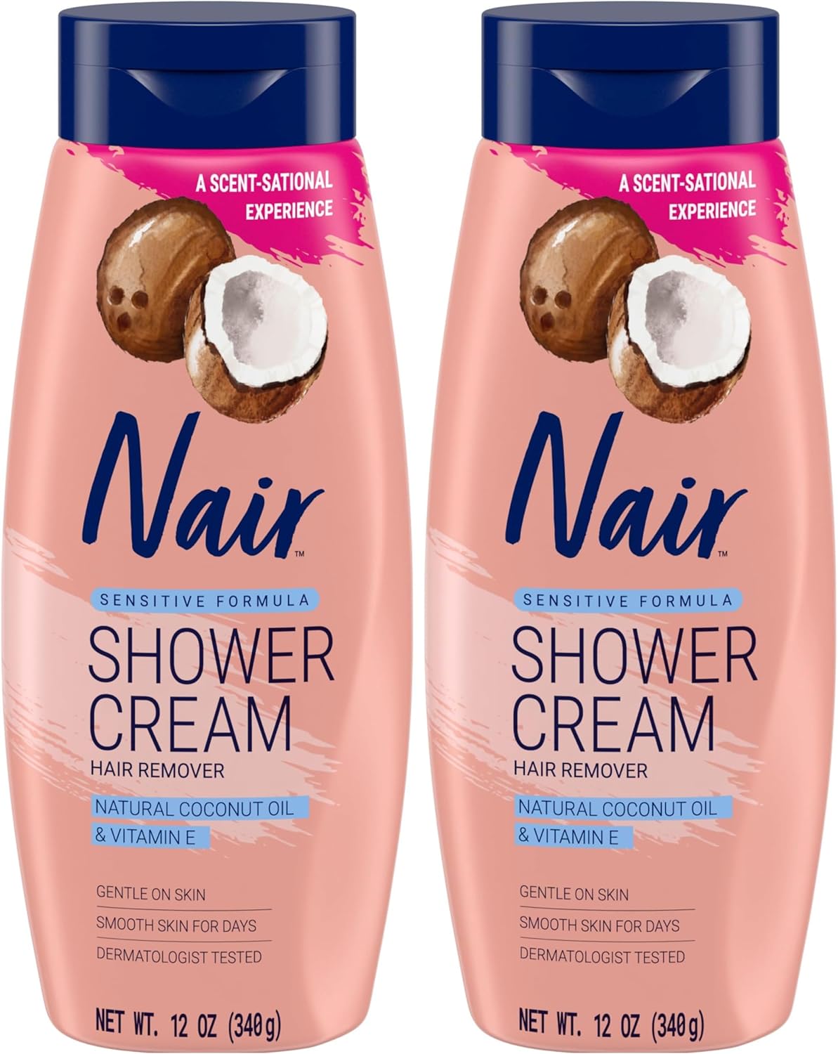 Nair Sensitive Shower Cream Hair Remover with Natural Coconut Oil and Vitamin E, Body Hair Removal Cream, 12 oz (Pack of 2)