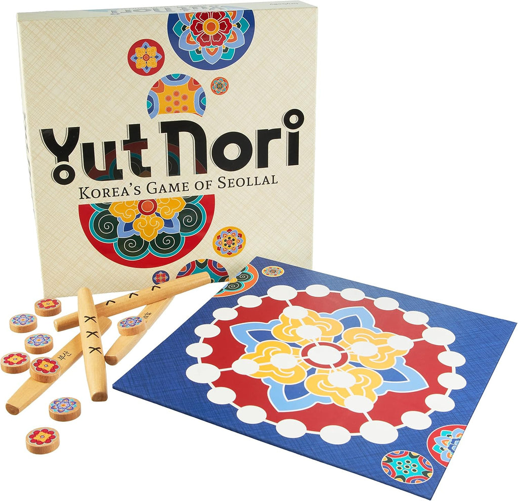 Yut Nori: Korea's Game of Seollal - Korean New Year Family Party Board Games - Greyboard (Mal Pan), Wood Sticks (YUT), Game Pieces (Mal), with Traditional and Bonus Rules - 2-4 Players, 30+ Min