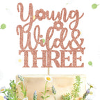 Rose Gold Glitter Young Wild and Three Cake Topper, Forest Woodland Campfire Themed Party Cake Decor, Camper 3rd Birthday Party Decorations Supplies
