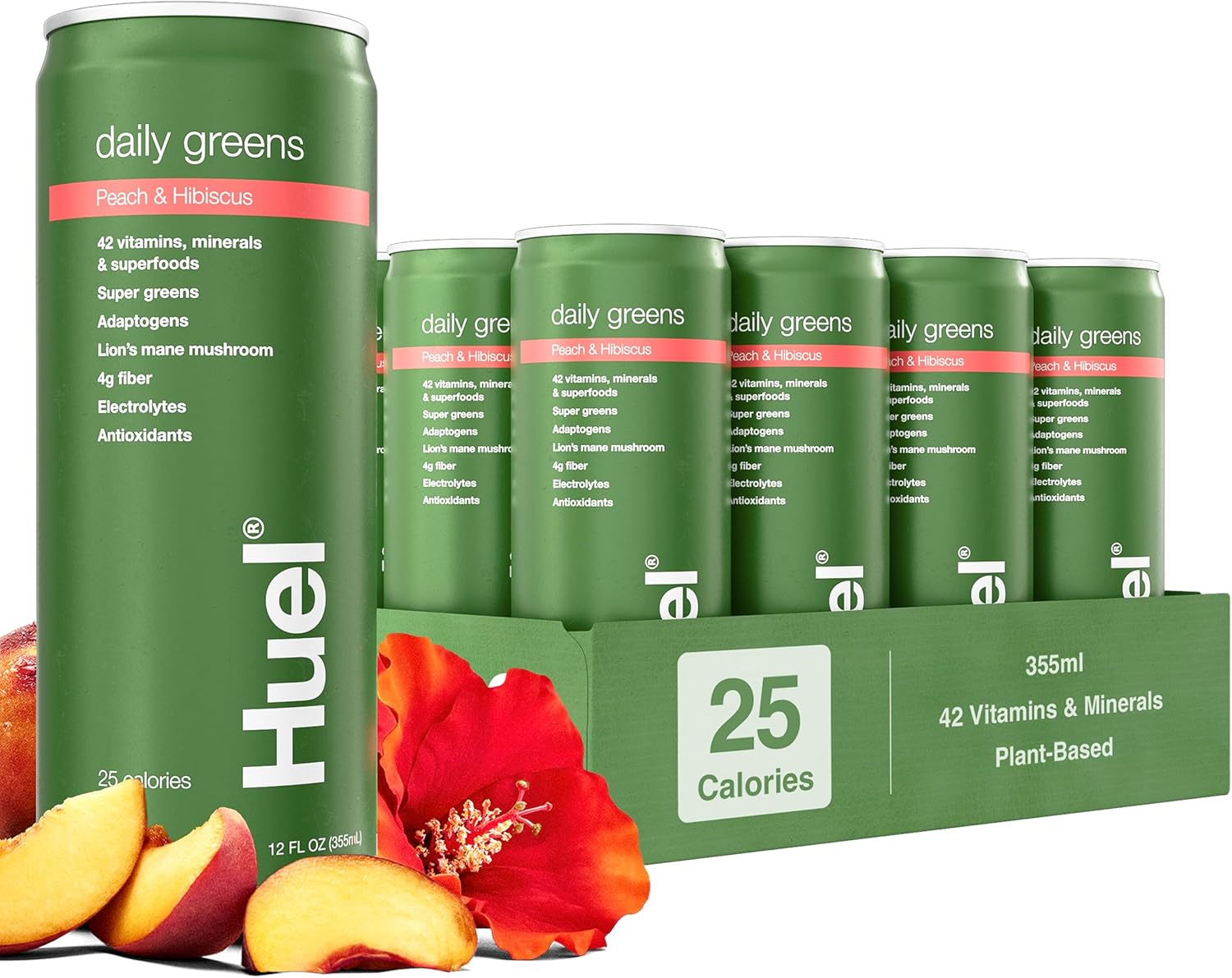 Huel Daily Greens Ready-to-Drink | Peach Hibiscus Superfood Greens | 91 Vitamins, Minerals, and Wholefood-Sourced Ingredients | Adaptogens, Antioxidants, Gut-Friendly Probiotics | 12 Fl Oz, 12 Pk
