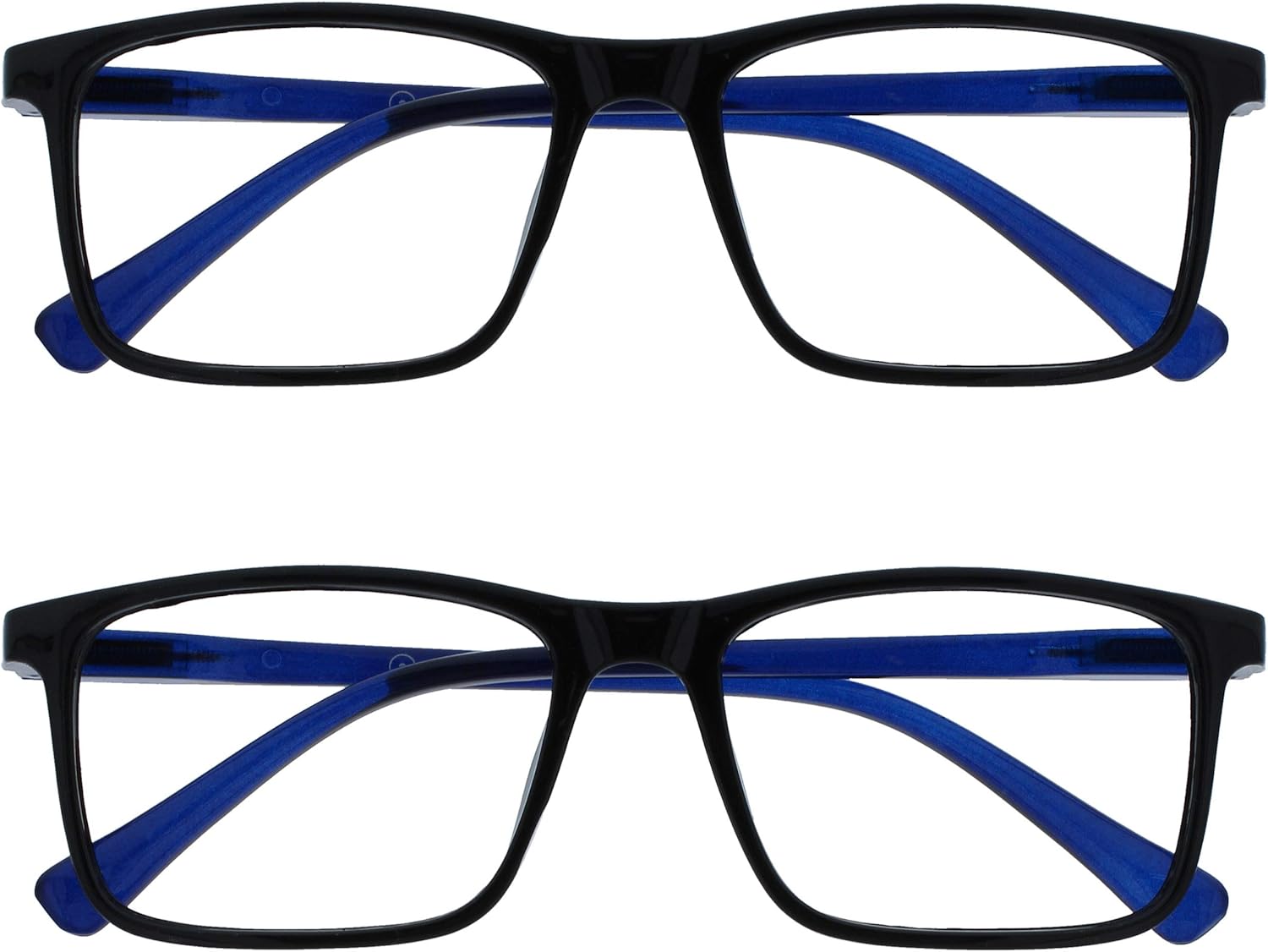 OPULIZE INK Reading Glasses - Value 2 Pack - Large Rectangular Frame - Spring Hinges - Scratch Resistant - Black Blue Arm - Mens Womens +2.00