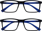 OPULIZE INK Reading Glasses - Value 2 Pack - Large Rectangular Frame - Spring Hinges - Scratch Resistant - Black Blue Arm - Mens Womens +3.00