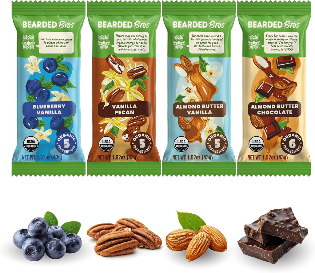 Bearded Brothers Organic Vegan Energy Bars - Gluten & Soy Free, Paleo, Whole 30 | Non GMO, Low Glycemic, High Protein, Fiber (12 Count (Pack of 1), Variety Case)
