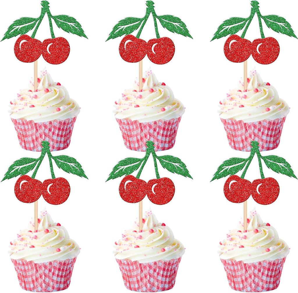 24 PCS Cherry Cupcake Toppers Red Glitter Fruit Theme Sweet Cherry Cupcake Picks for Cherry Theme Baby Shower Kids Birthday Party Cake Decorations Supplies