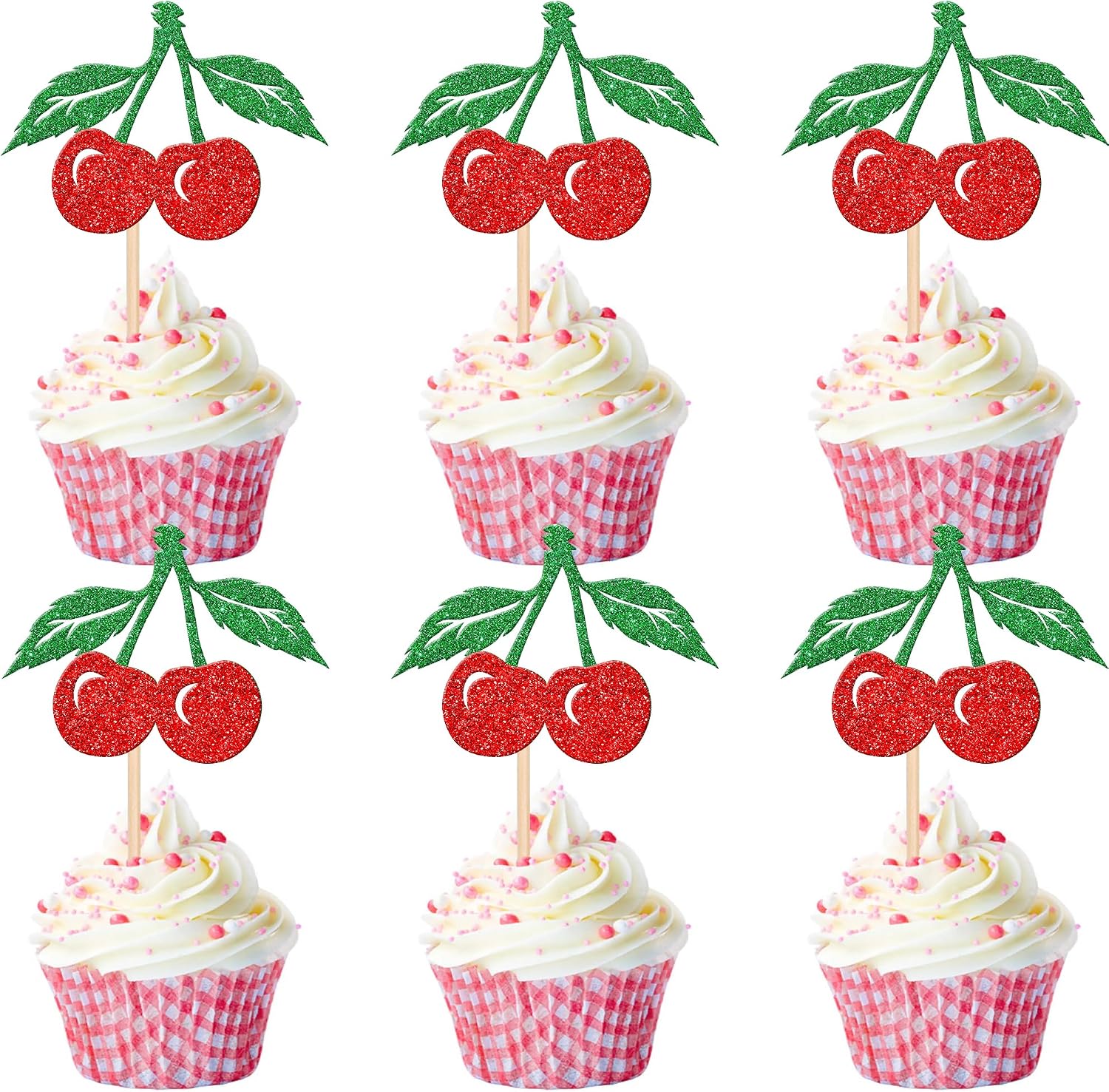 24 PCS Cherry Cupcake Toppers Red Glitter Fruit Theme Sweet Cherry Cupcake Picks for Cherry Theme Baby Shower Kids Birthday Party Cake Decorations Supplies