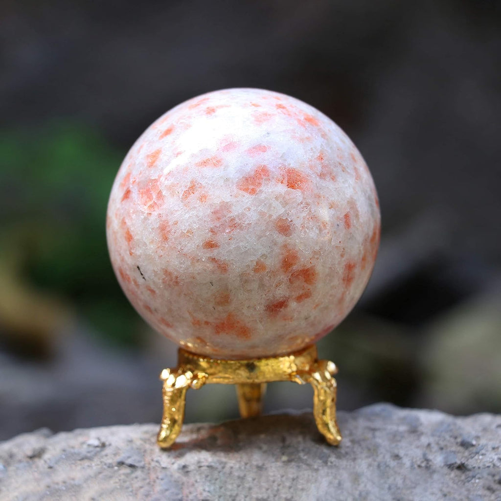 Crocon 55mm Sunstone Stone Sphere Ball with Metal Stand 1400+ Carats Gemstone Ball Healing Sphere Sculpture Figurine for Fengshui Divination Home Decoration Photography Crystal Sphere