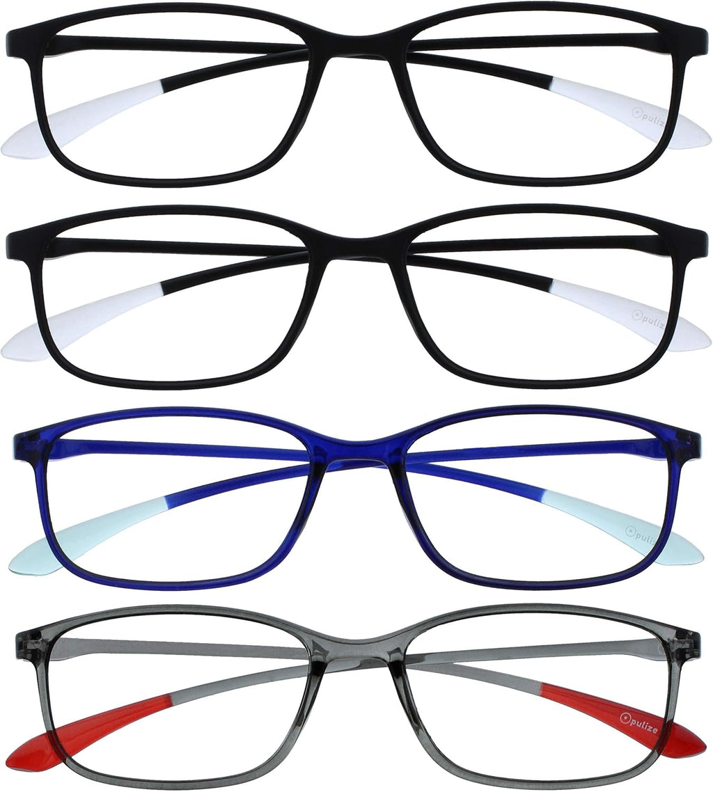 OPULIZE ICE Reading glasses for Women Men,Scratch Resistant Rectangular frame with Spring Hinges, Black,Dark Blue,Grey +2 (Pack of 4)