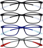 OPULIZE ICE Reading glasses for Women Men,Scratch Resistant Rectangular frame with Spring Hinges, Black,Dark Blue,Grey +2 (Pack of 4)