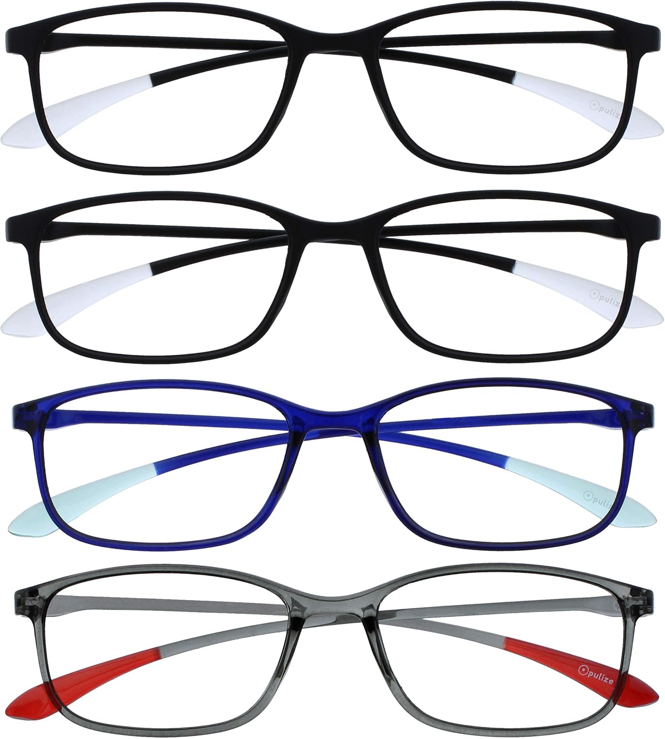 OPULIZE ICE Reading glasses for Women Men,Scratch Resistant Rectangular frame with Spring Hinges, Black,Dark Blue,Grey +2 (Pack of 4)