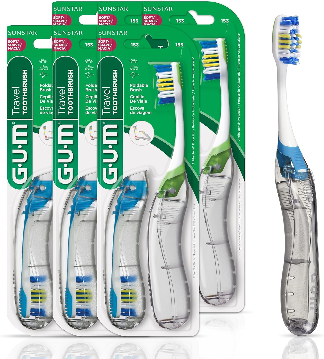 GUM Folding Travel Toothbrush, Compact Head + Tongue Cleaner, Soft Bristled Travel Toothbrushes for Adults, 2 Count (Pack of 6)