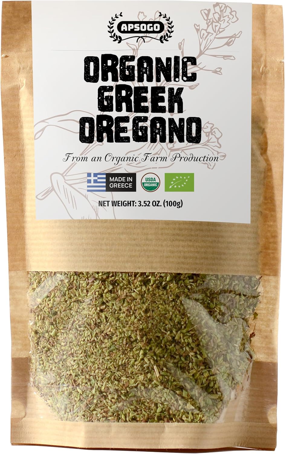 Apsogo Organic Greek Oregano - Premium Dried Oregano from Greece (3.52 oz) Authentic Leaves & Seasoning for Cooking, Freshly Dried, Fine Texture, Resealable Eco Pouch