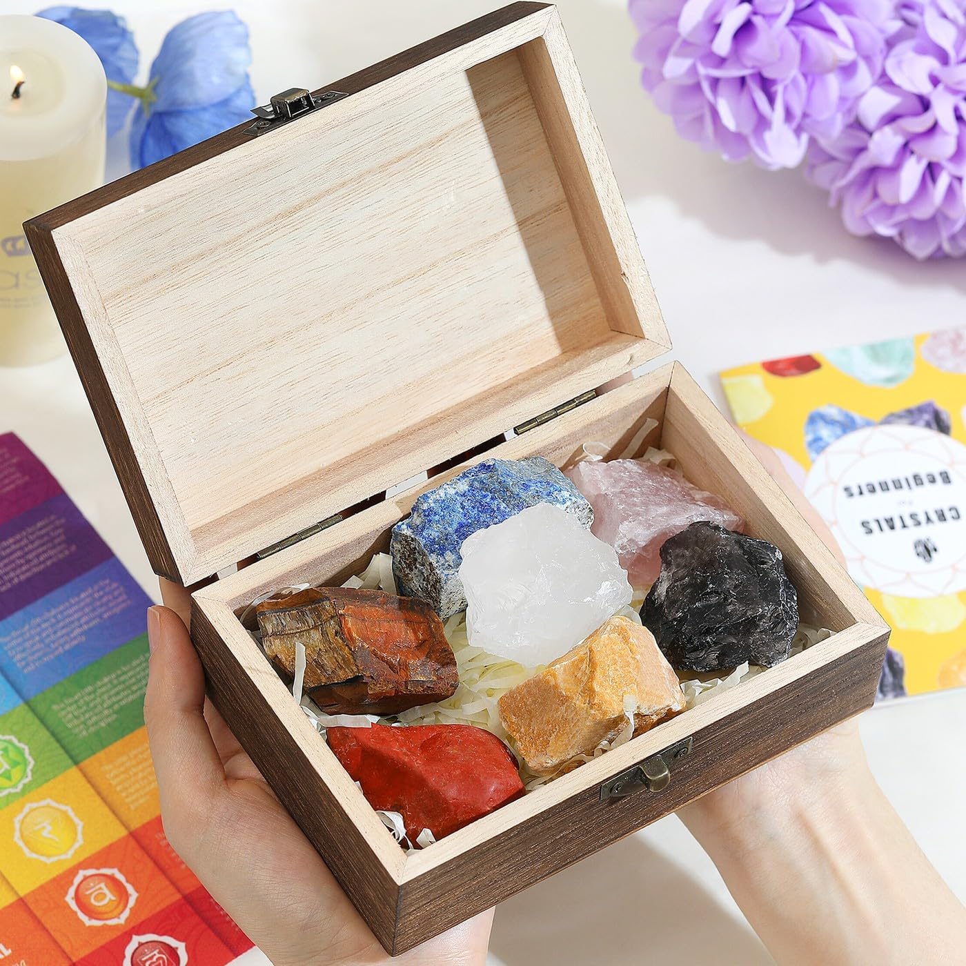 LAIDANLA 7 Chakras Crystals and Healing Stones Set Large Natural Crystal for Energy Balance，Spiritual，Gifts，Set in Wooden Box Comes with Chakra Cards and Guidebook
