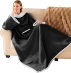 IFNOW Sherpa Wearable Blanket with Sleeves for Women Men Adults, Christmas Birthday Gifts for Women Mom Wife, Cozy Wearable Blanket with Arm and Pocket, Warm Full Body TV Wrap Throw Blanket, Black