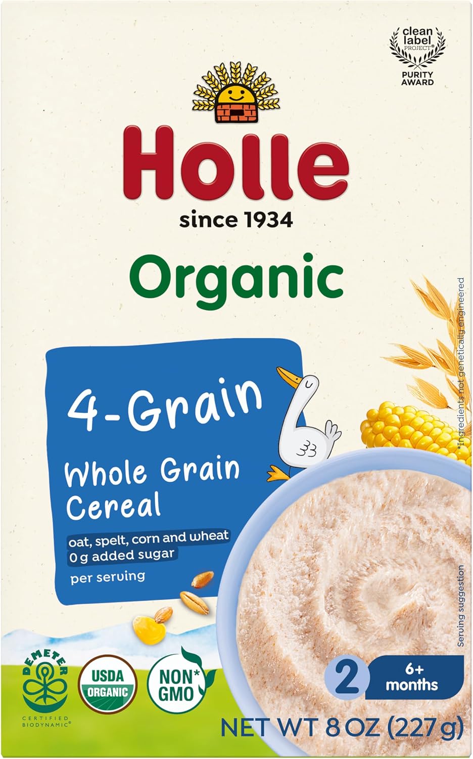 Holle Organic Whole Grain 4-Grain Baby Cereal, 6 Pack, 8 oz Boxes, 6+ Months, Demeter Biodynamic, USDA Organic, Non-GMO, No Added Sugar, Baby Porridge with Oat, Spelt, Corn & Wheat