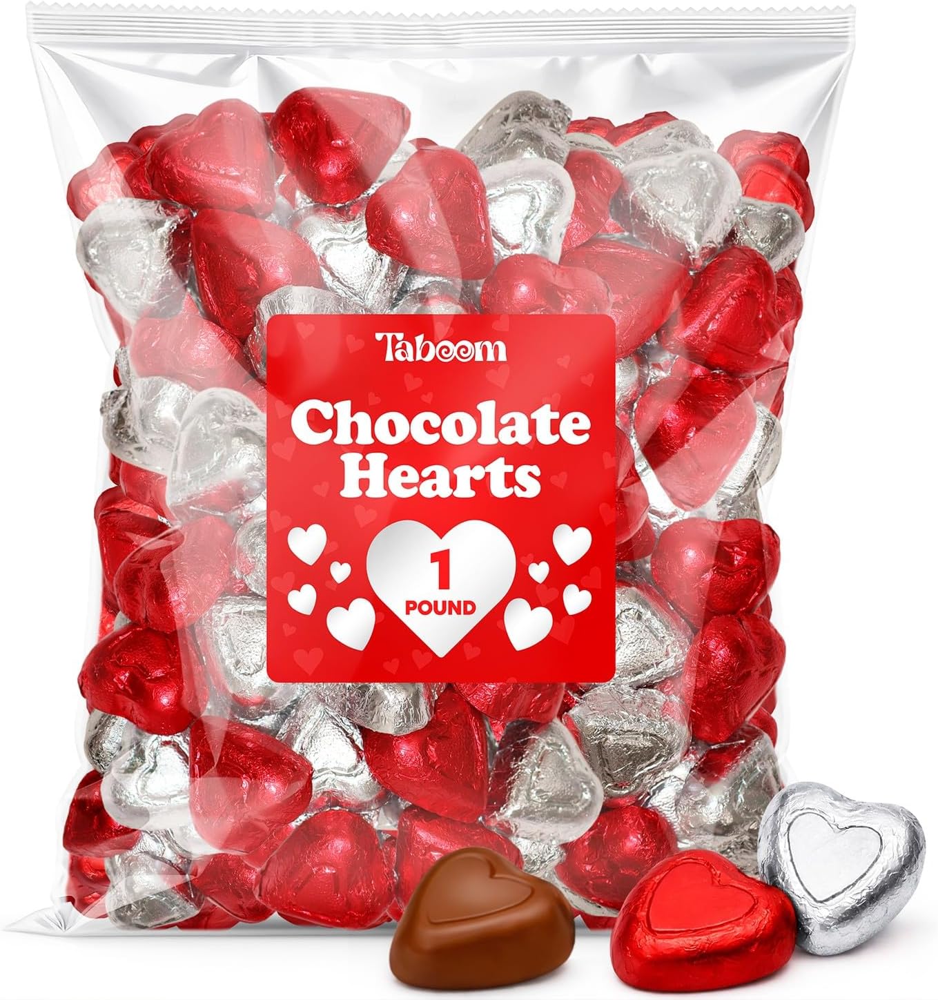 Milk Chocolate Valentine Hearts Candy - Red & Silver Foil Wrapped Creamy Chocolate Hearts, 1 Pound Bulk Chocolate s for Valentine’s Day Parties, Decorations, Gift Bags & Treats