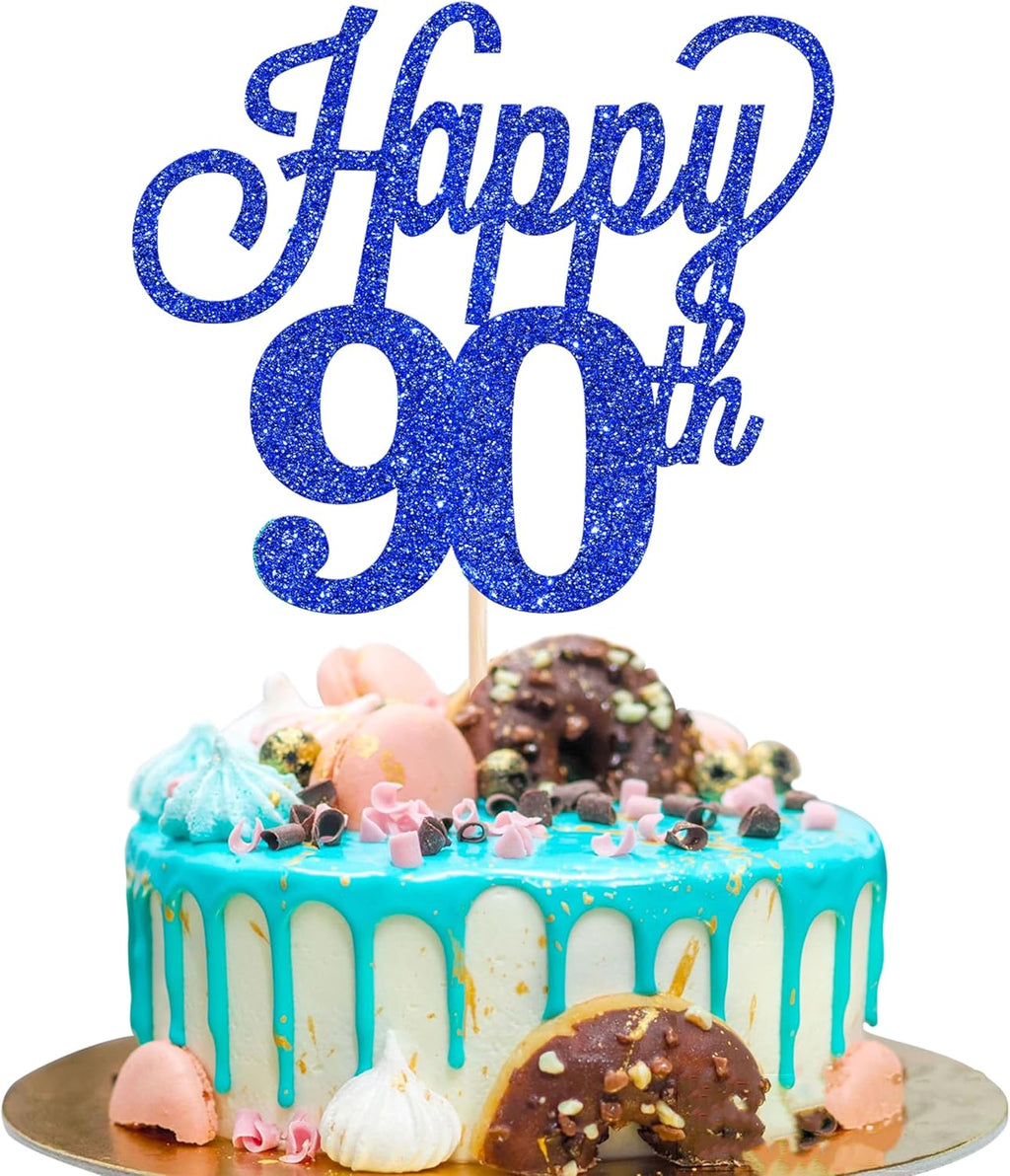 1 Pack Happy 90th Cake Topper Black Glitter Number 90 Ninty Birthday Cake Pick Decorations for Cheers to 90 Years Old 90th Birthday Wedding Anniversary Party Supplies Blue