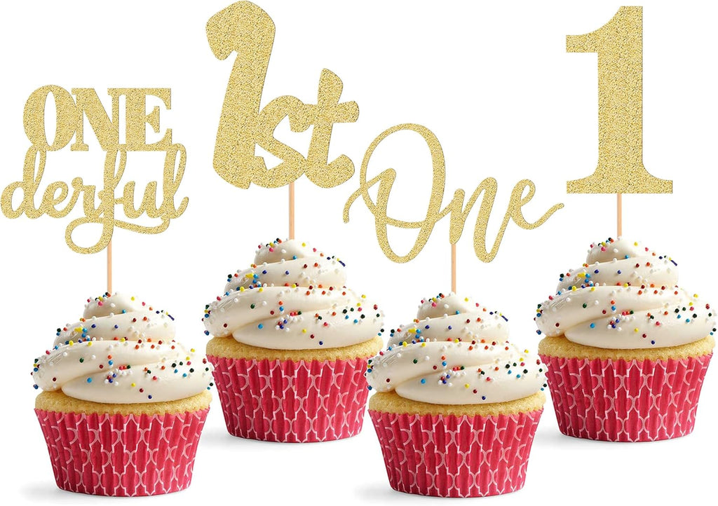 24Pack First Birthday Cupcake Topper - Glitter Gold One Cupcake Picks,1st Birthday Cupcake Decorations Supplies (Gold)