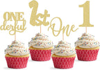 24Pack First Birthday Cupcake Topper - Glitter Gold One Cupcake Picks,1st Birthday Cupcake Decorations Supplies (Gold)