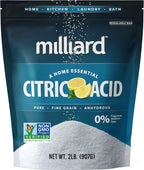 Milliard Citric Acid Powder Food Grade, 2 lb Bag, Bulk, 100% Pure Citric Acid Food Grade, Non-GMO Project Verified, Cleaning, Bath Bombs, Cleaner, Descaler, Dishwasher, Candy, Acido Citrico en Polvo