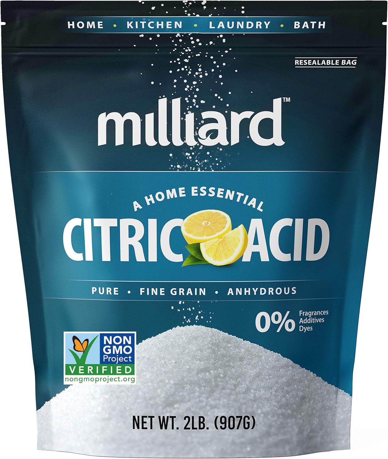 Milliard Citric Acid Powder Food Grade, 2 lb Bag, Bulk, 100% Pure Citric Acid Food Grade, Non-GMO Project Verified, Cleaning, Bath Bombs, Cleaner, Descaler, Dishwasher, Candy, Acido Citrico en Polvo
