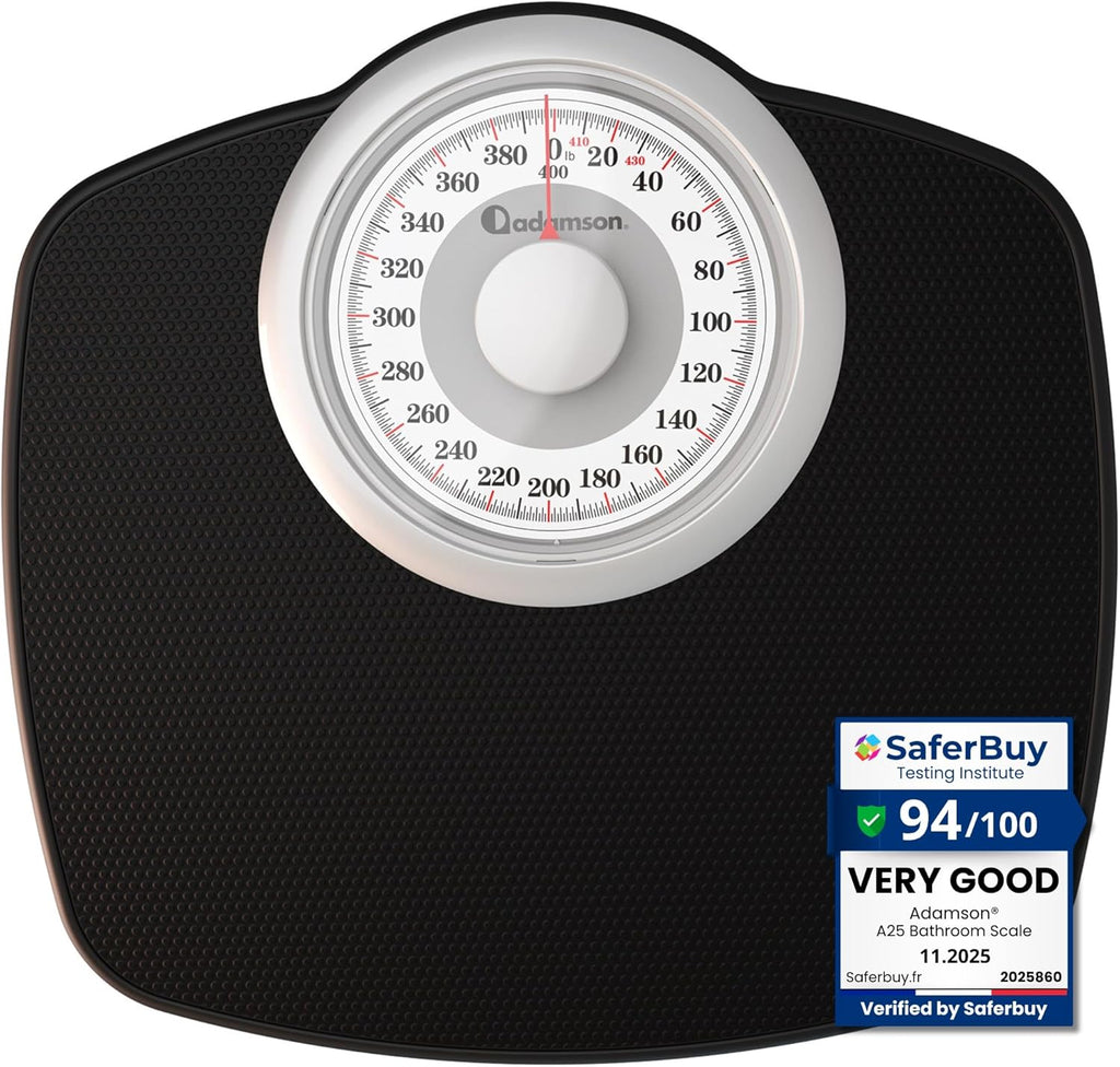 Adamson A25W Scales for Body Weight - Up to 400 LB - 5.3" Dial on 12.4" x 10.2" Platform - Anti-Skid Rubber Surface - High Precision Bathroom Scale Analog - Durable with 20-Year Assurance - White