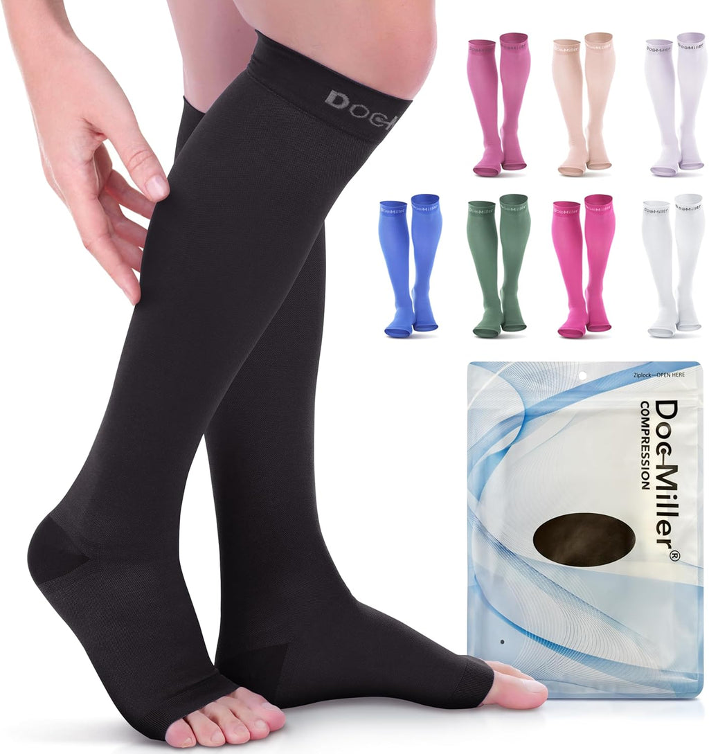 Doc Miller Open Toe Compression Socks, 20-30 mmHg, Toeless Compression Sleeves for Legs, Knee High Stockings for Shin Splints, Varicose Veins, Travel, Calf Support & Muscle Recovery, Men & Women, Pair