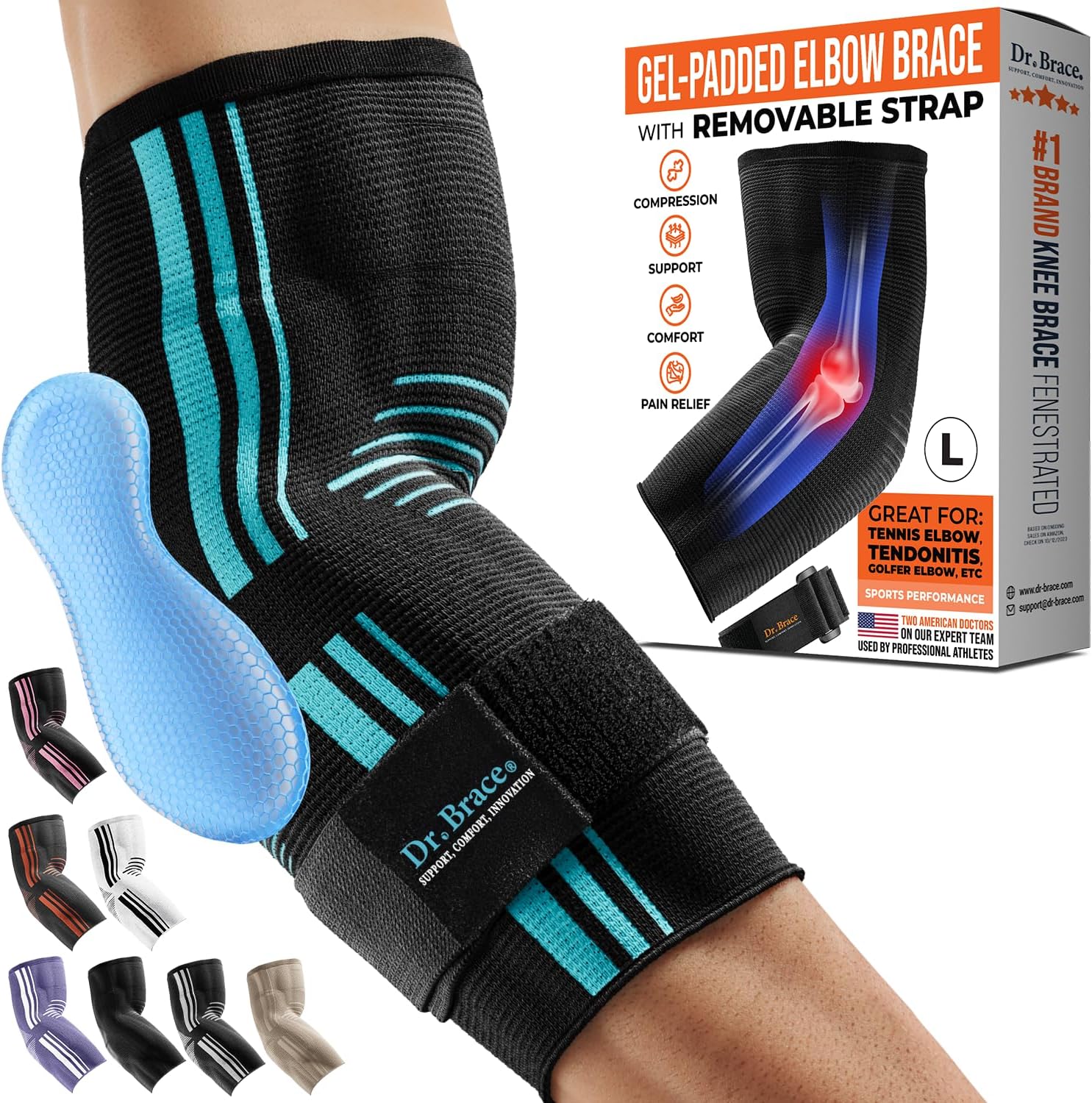 DR. BRACE® Elite Elbow Brace Support, Breathable Elbow Compression Sleeve with Gel Pad for Golfer's, Tennis Elbow & Tendonitis Treatment & Pain Relief 2024 (Black-Blue, Large)