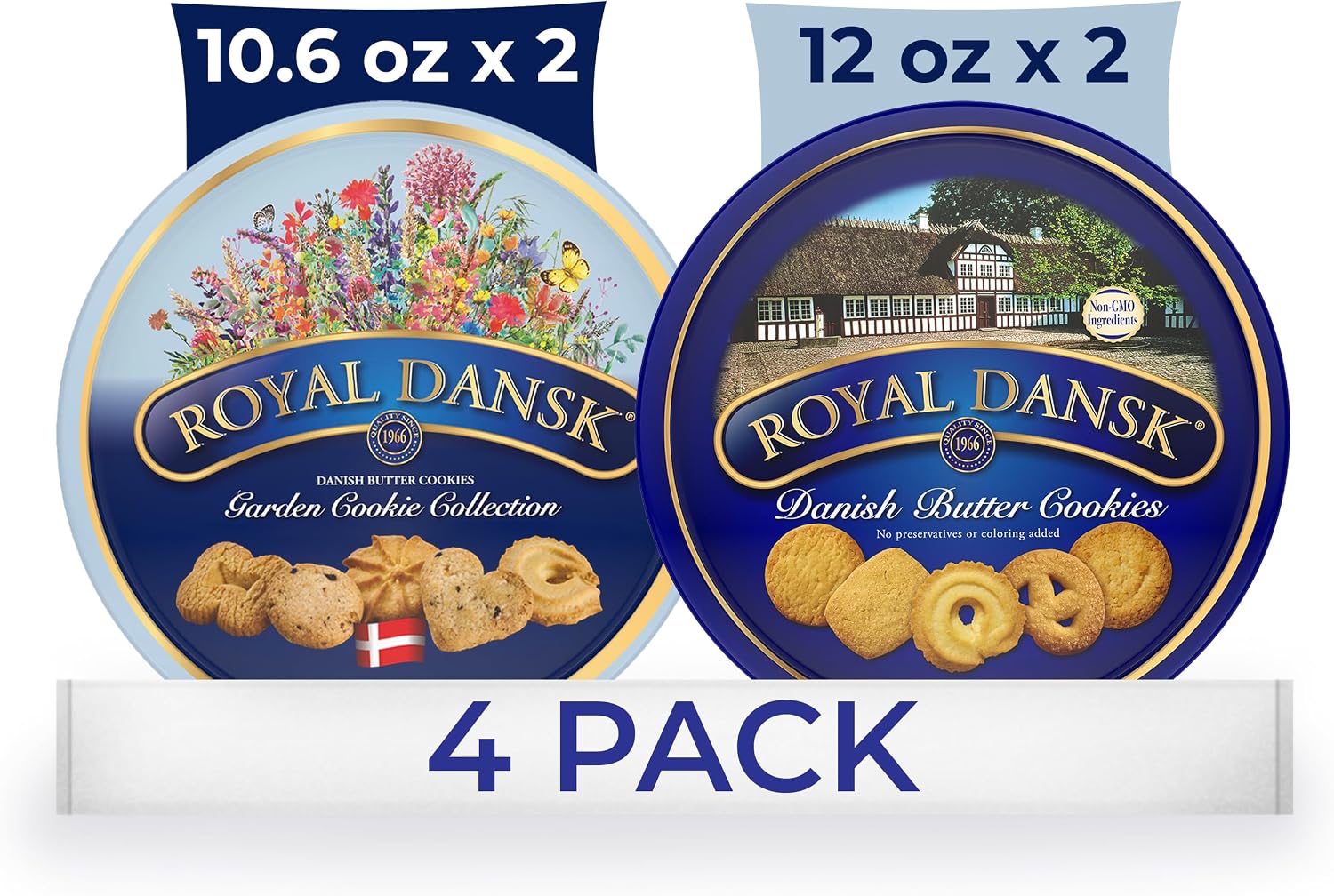 Royal Dansk Garden Cookie Collection & Danish Butter Cookies, 4-Pack, Includes Two 12 oz and Two 10.6 oz Tins