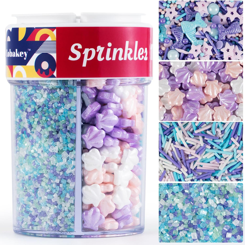 Edible Mermaid Sprinkles 4 Cell Pink Blue Purple Shell Pearls Sugar Jimmies Nonpareils Sanding Sugar Sprinkle Mix for Cake Decorations Baking Ice Cream Cookies Cupcake Topper 6.5 ounces