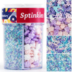Edible Mermaid Sprinkles 4 Cell Pink Blue Purple Shell Pearls Sugar Jimmies Nonpareils Sanding Sugar Sprinkle Mix for Cake Decorations Baking Ice Cream Cookies Cupcake Topper 6.5 ounces