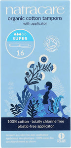 Natracare Organic Cotton Super Tampons with Cardboard Applicator, Plastic Free, Chlorine Free, Biodegradable & Compostable (1 Pack, 16 Tampons Total)