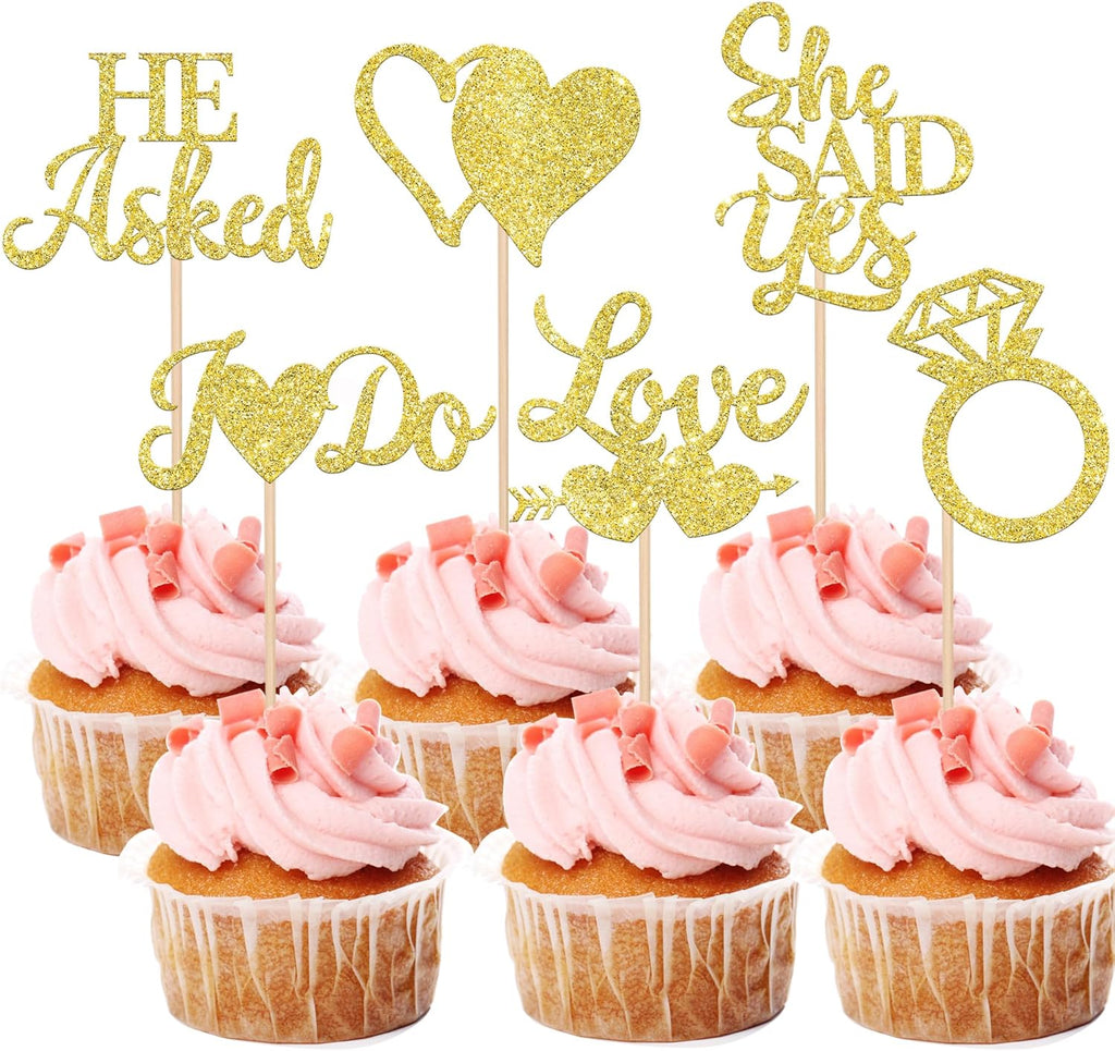 36 Pack He Asked She Said Yes Cupcake Toppers Glitter Love Heart I do Ring Cupcake Food Picks for Wedding Engagement Bridal Shower Party Cake Decorations Supplies Gold