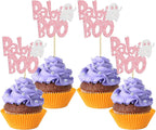 24Pcs Halloween Baby Boo Cupcake Toppers Pink Glitter Spooky Little Boo Ghost Cupcake Picks for Halloween Theme Baby Shower Kids Boys Girls Birthday Party Cake Decorations Supplies