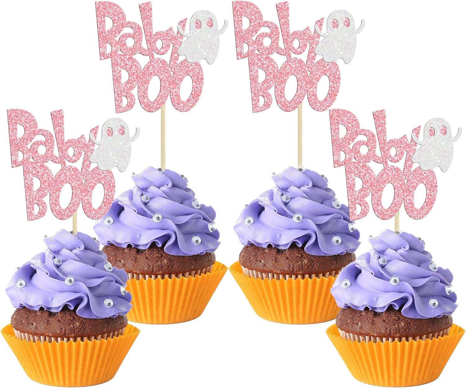 24Pcs Halloween Baby Boo Cupcake Toppers Pink Glitter Spooky Little Boo Ghost Cupcake Picks for Halloween Theme Baby Shower Kids Boys Girls Birthday Party Cake Decorations Supplies