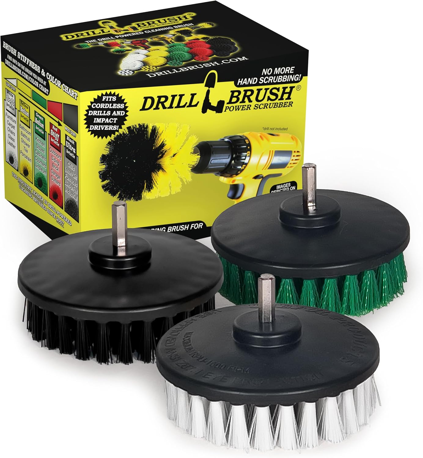 Drillbrush 3 Brush Kit - Drill Brush Cleaning Supplies - White Soft for Leather, Glass, Carpet - Green Medium for Kitchen, Bathroom, Tub, Sinks, Flooring - Black Ultra Stiff for Garage Floors, Stone
