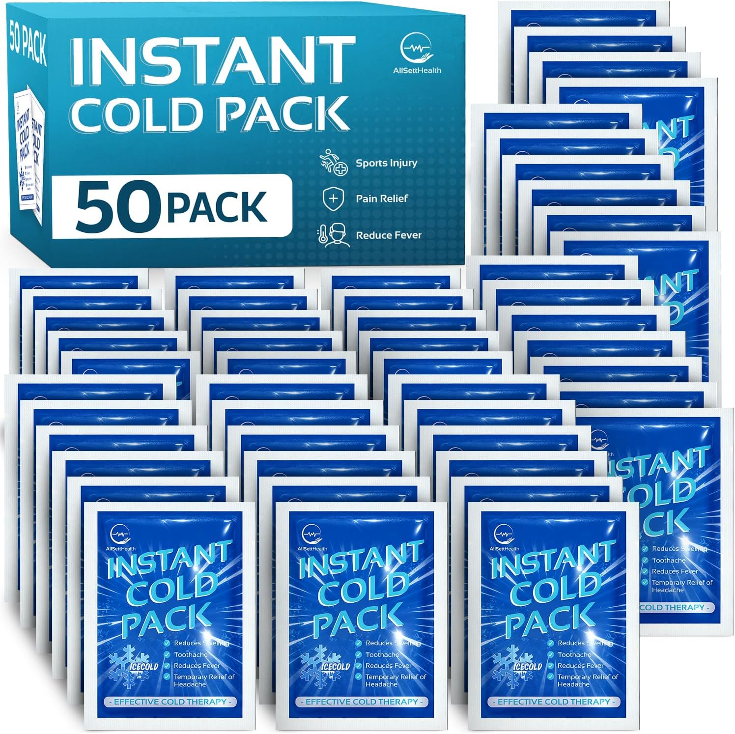 50 Pack Instant Ice Cold Pack (6” x 4.5”) - Disposable Instant Ice Packs for Injuries | Cold Compress Ice Pack for Pain Relief