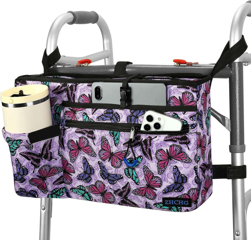 Walker Bag with Cup Holder, Walker Accessories for Seniors Detachable, Foldable Walker Basket with Big Capacity, Best Gift- Purple (Not Fit Rollator Walkers)