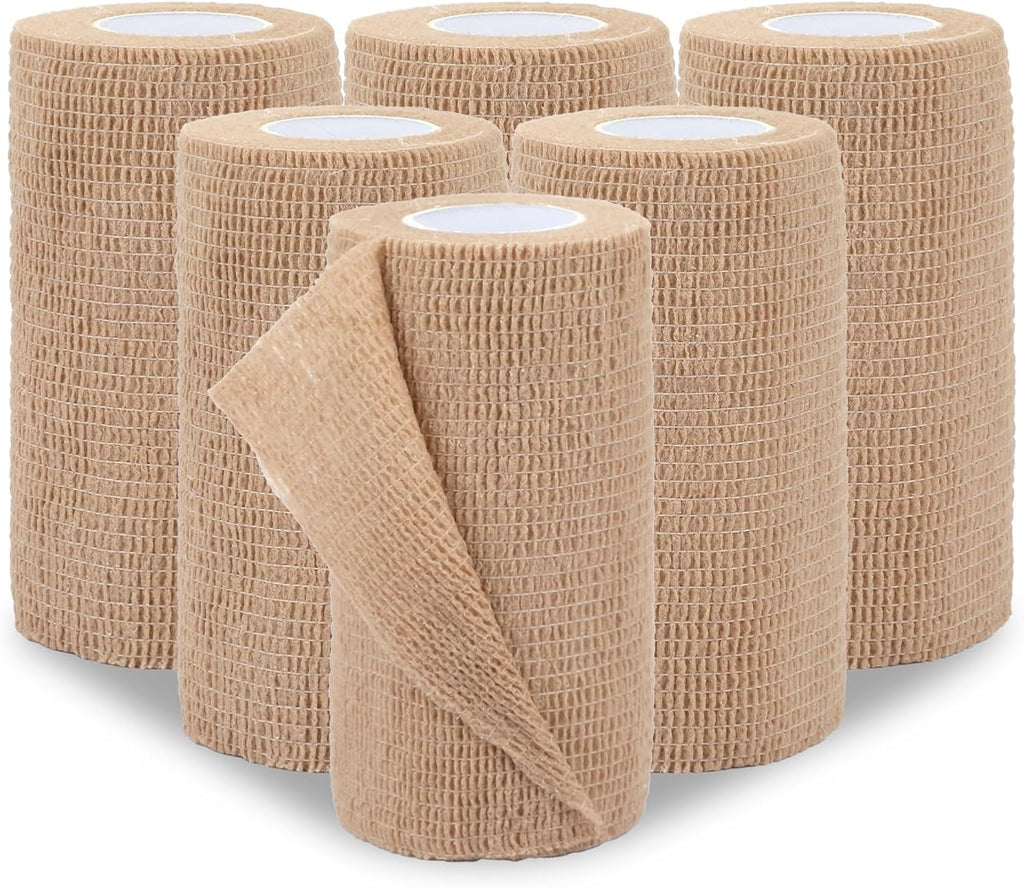 BEVTEE Self Adhesive Bandage Wrap 6 Pack, 4" X 5 Yards Elastic Coban Wrap, Compression Non-Woven Sports Athletic Tape for Wrist, Ankle, Hand, Leg, Swelling, Vet, Grip Tape