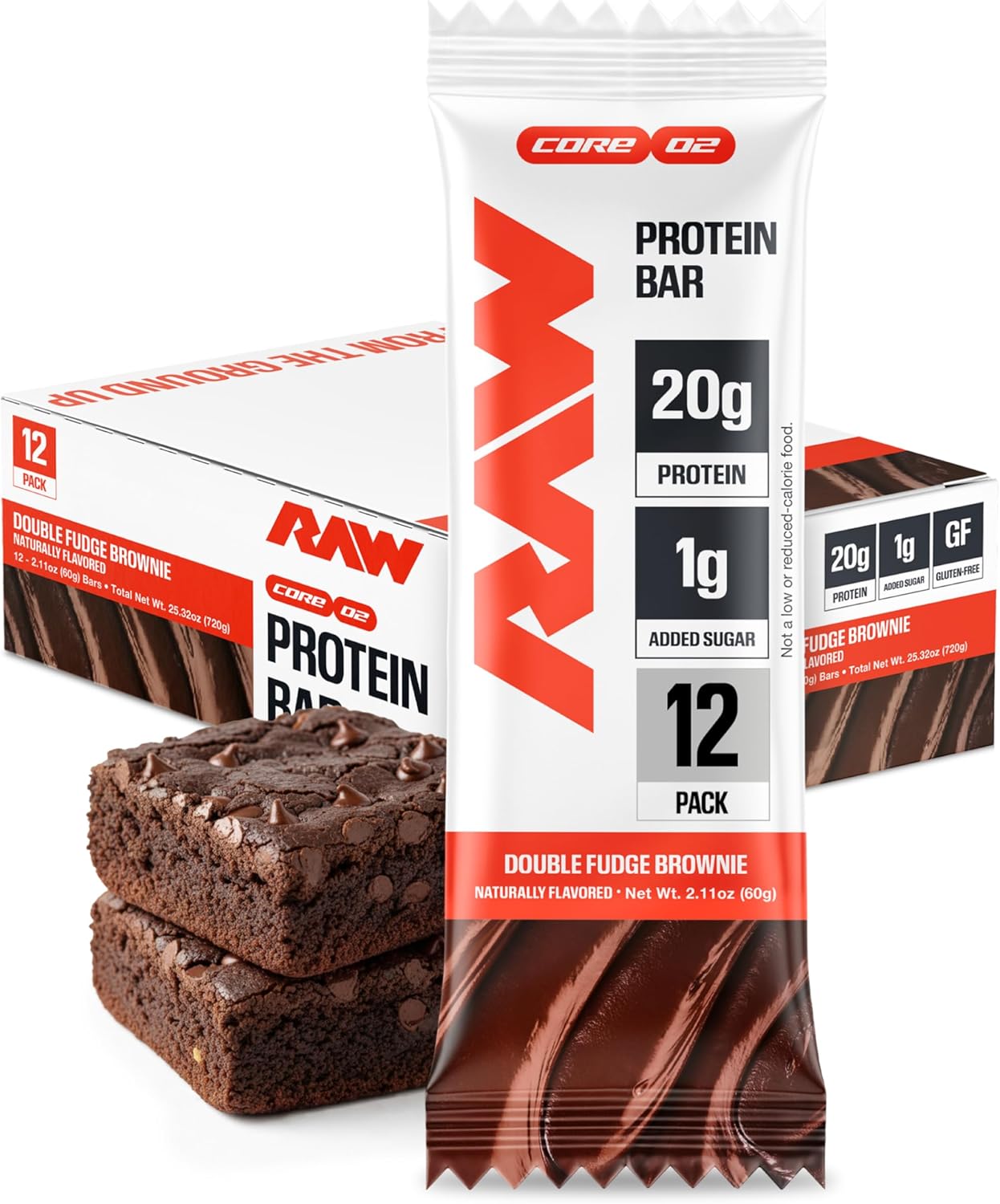 RAW Nutrition Protein Bars, Double Chocolate Fudge, 20g Whey Protein, Low Sugar, Better-for-You Candy Bars, Gluten Free Chocolate Protein Snack for Muscle Recovery & Gym Fuel, 12 Count