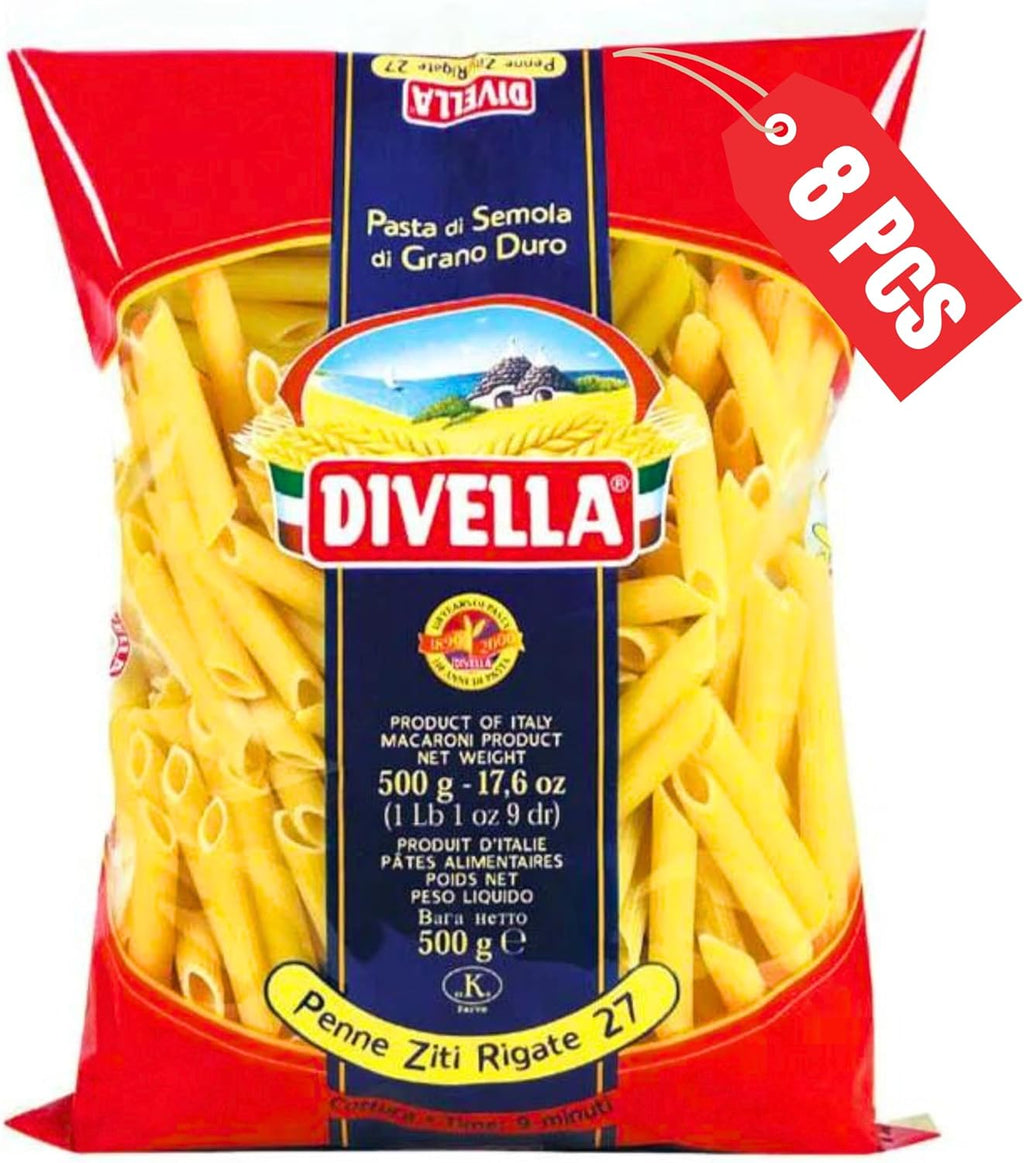 DIVELLA Penne Rigate #27, 16 Oz. (Pack of 8) - Authentic Italian Pasta Made with Durum Wheat Semolina, Perfect 'Al Dente' Texture for Every Dish