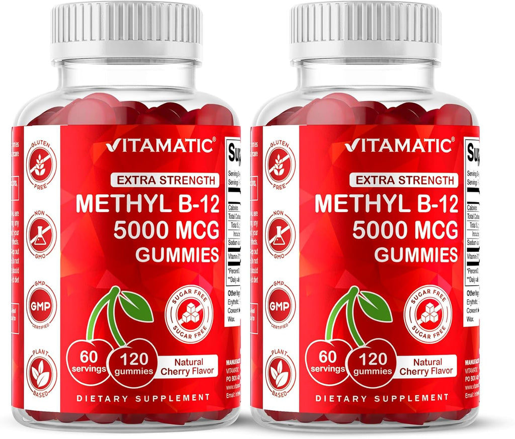Vitamatic 2 Packs Extra Strength Vitamin B12 5000 mcg (Methyl B12) Gummies - 120 Count - Energy Metabolism Support and Nervous System Health Support, Natural Cherry Flavored