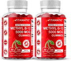 Vitamatic 2 Packs Extra Strength Vitamin B12 5000 mcg (Methyl B12) Gummies - 120 Count - Energy Metabolism Support and Nervous System Health Support, Natural Cherry Flavored