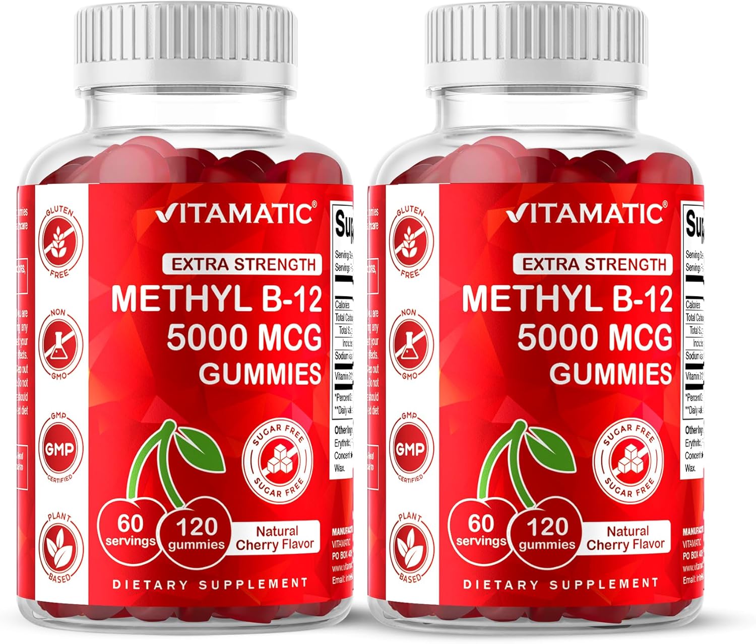 Vitamatic 2 Packs Extra Strength Vitamin B12 5000 mcg (Methyl B12) Gummies - 120 Count - Energy Metabolism Support and Nervous System Health Support, Natural Cherry Flavored