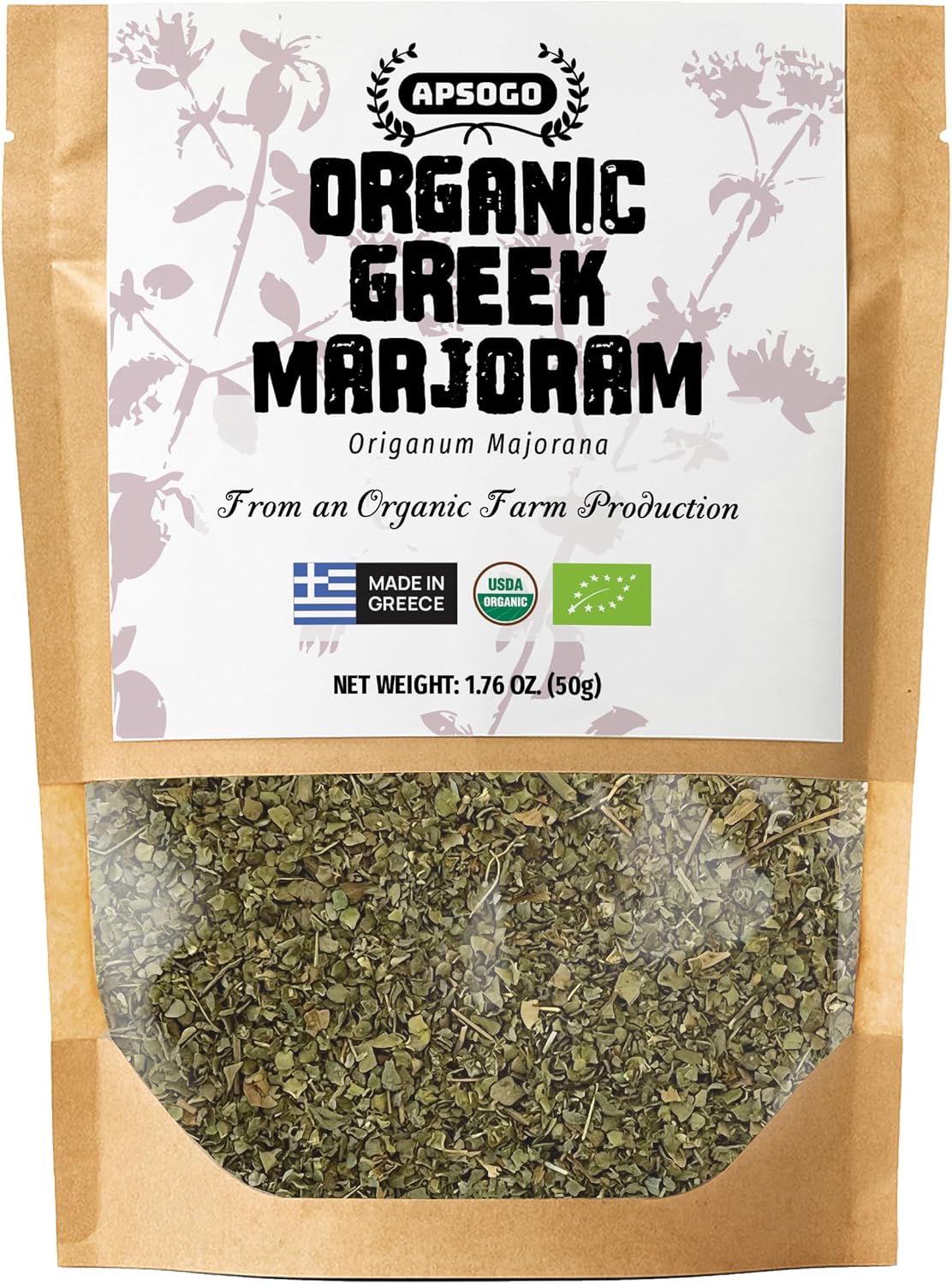 APSOGO Organic Marjoram 1.76oz - Greek Dried Marjoram Leaves - Origanum Majorana - Organic Marjoram Spice for Cooking, Seasoning & Tea - Resealable Pouch