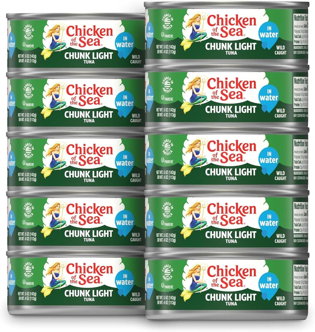 Chicken of the Sea Wild Caught Chunk Light Tuna, 5 Ounce Cans, 10-Count – High Protein 100% Classic Chunk Tuna in Water – Delicious, Easy, Nutritious Ready to Eat Meals