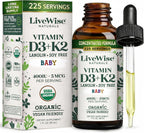 Live Wise Naturals Organic Vitamin D3 K2 Liquid Drops for Babies, Concentrated Formulation, 225 Servings, (MK-7), Micro-Dose Dropper, Gentle Daily Supplementation, Early Development, Precise Dosing