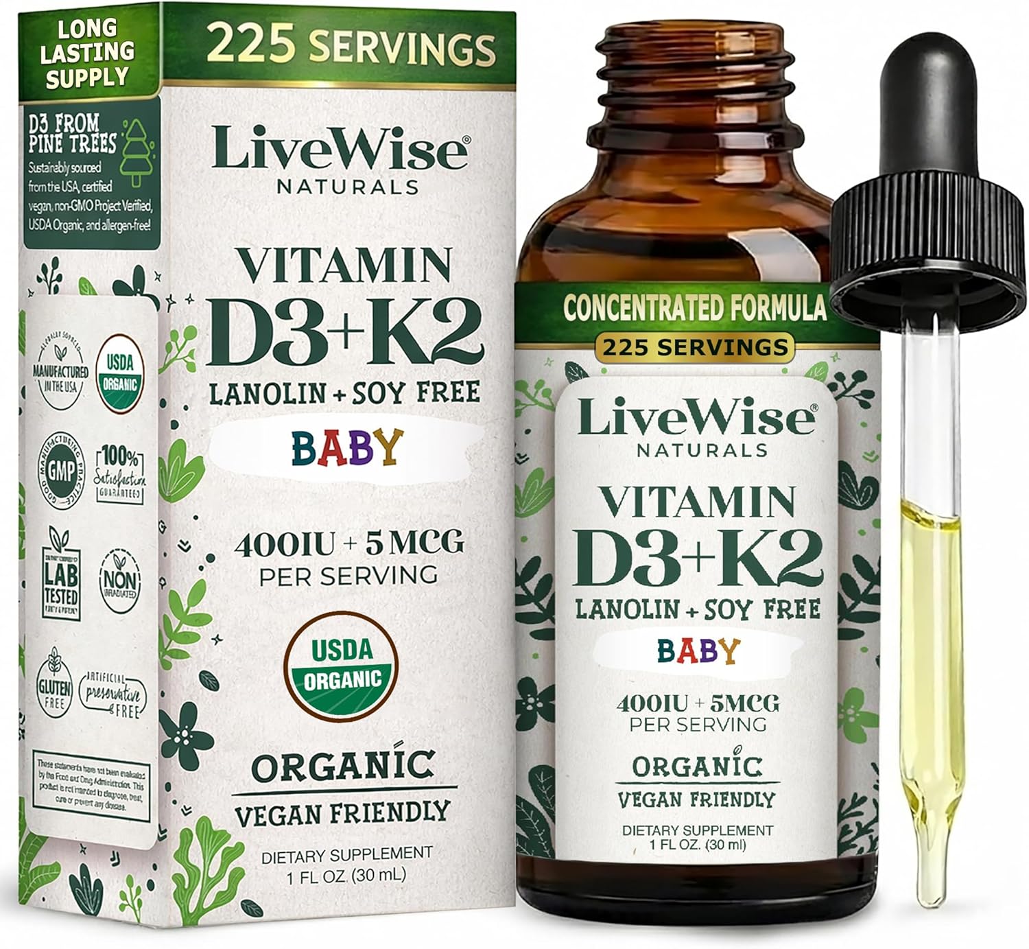 Live Wise Naturals Organic Vitamin D3 K2 Liquid Drops for Babies, Concentrated Formulation, 225 Servings, (MK-7), Micro-Dose Dropper, Gentle Daily Supplementation, Early Development, Precise Dosing
