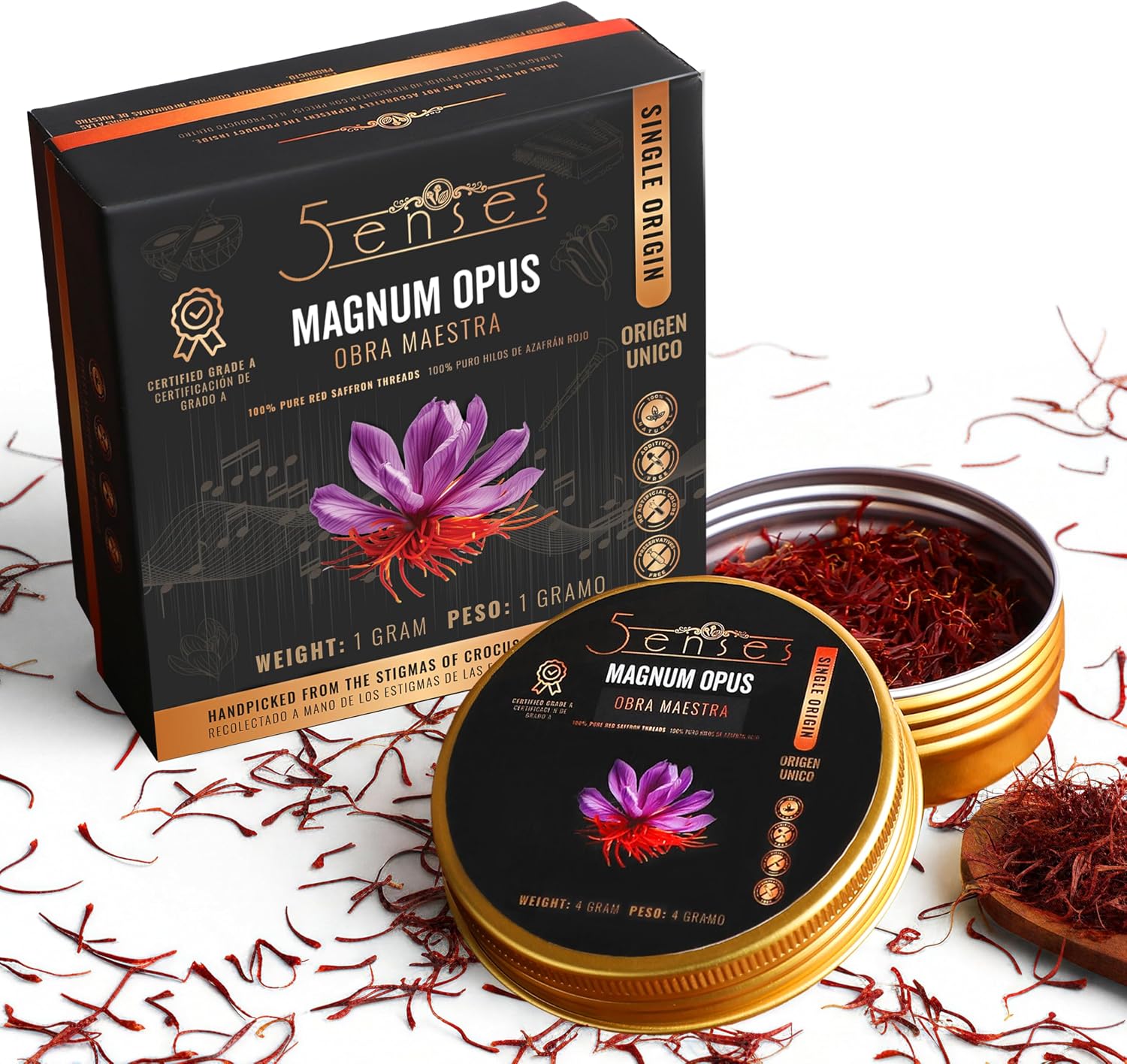 5Senses Kashmir Mongra Saffron | Azafran | Magnum Opus | Premium Grade A Saffron Threads | Whole Red Gold Spice | Single Origin, Non-GMO, Fairtrade, Gluten-Free, Vegan, Plastic Neutral (0.035oz/1g)