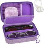 GWCASE Travel Glasses Organizer & Contact Lens Case - Adjustable Slots, Built-in Mirror, Tweezers, Solution Bottle & Hand Strap, Universal Fits Eyelasses/Sunglasses for Men & Women – Purple