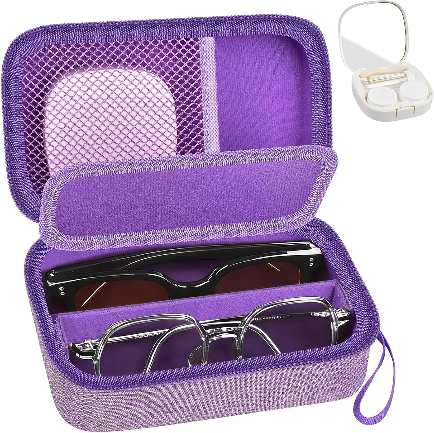 GWCASE Travel Glasses Organizer & Contact Lens Case - Adjustable Slots, Built-in Mirror, Tweezers, Solution Bottle & Hand Strap, Universal Fits Eyelasses/Sunglasses for Men & Women – Purple